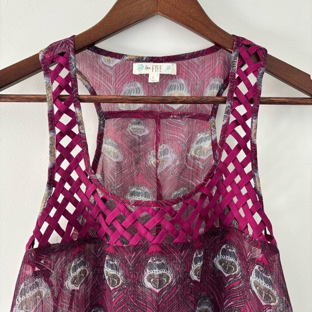 Love Fire Boho Peacock Print Lattice Tank Top Size L Whimsigoth Festival Sheer - Picture 5 of 11
